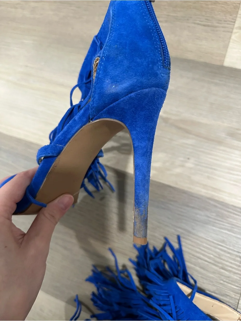 Blue Fringe Suede Steve Madden Stiletto High Heel Sandals - Women